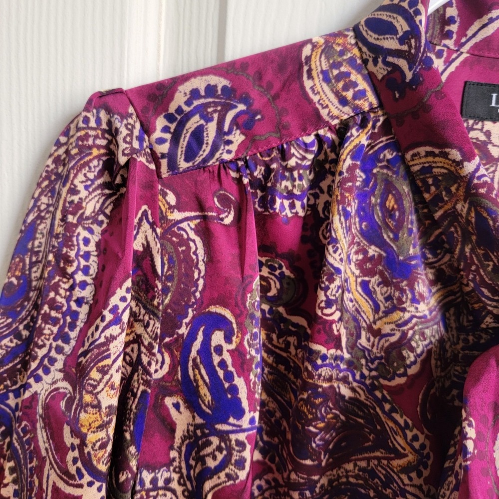 Lauren Ralph Lauren Black Label Paisley Satin Charmeuse‎ Tie-Neck Blouse Small - Picture 9 of 12